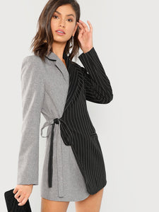 Colorblock Tie Waist Surplice Wrap Blazer