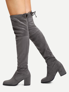 Tie Back Over Knee Block Heeled Boots