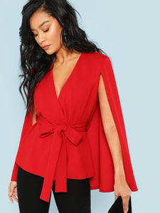 Surplice Neck Tie Waist Cape Coat