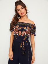 Load image into Gallery viewer, Floral Print Tassel Trim Belted Bardot Jumpsuit