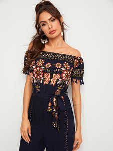 Floral Print Tassel Trim Belted Bardot Jumpsuit