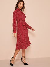 Load image into Gallery viewer, Asymmetrical Neck Ruffle Trim Polka Dot Belted Dress