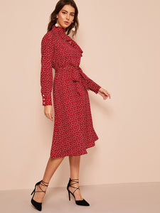 Asymmetrical Neck Ruffle Trim Polka Dot Belted Dress