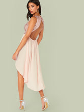 Load image into Gallery viewer, Backless Sequin Bodice Dip Hem Combo Dress