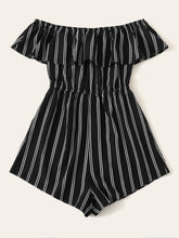 Load image into Gallery viewer, Off Shoulder Flounce Trim Striped Romper