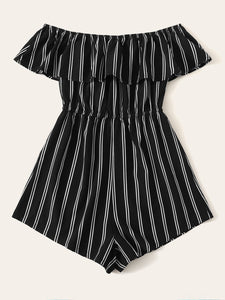 Off Shoulder Flounce Trim Striped Romper