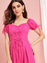 Load image into Gallery viewer, Neon Pink Lace Up Sweetheart Neck Wide Leg Jumpsuit