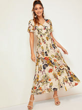 Load image into Gallery viewer, Botanical Print Shirred Waist Button Front Dress