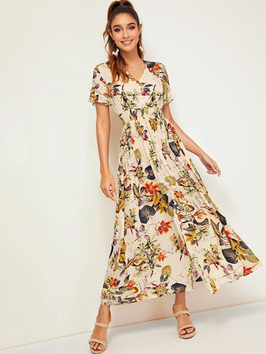 Botanical Print Shirred Waist Button Front Dress