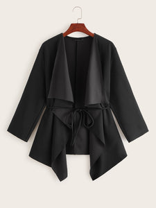 Waterfall Collar Asymmetrical Hem Coat With Belt