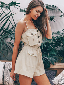 Simplee Button Front Drawstring Waist Utility Cami Romper