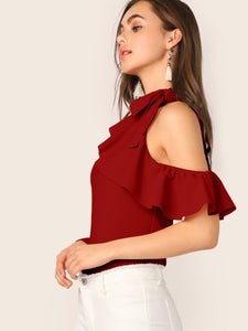 Tie Neck Cold Shoulder Ruffle Trim Top