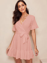 Load image into Gallery viewer, Surplice Wrap Belted Ruffle Hem Dress