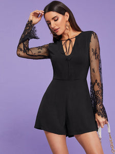 Tie Neck Contrast Lace Sleeve Romper