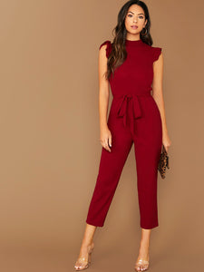 Mock-Neck Ruffle Cuff Self Belted Jumpsuit