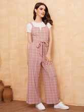 Load image into Gallery viewer, Notch Neck Self Belted Wide Leg Grid Jumpsuit