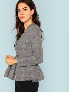 Double Button V-Neck Plaid Blazer