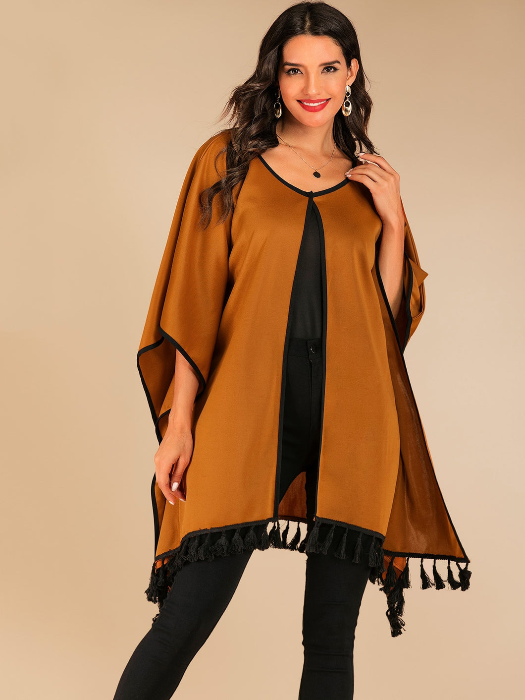 Tassel Trim Contrast Binding Cape Coat