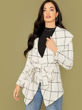 Load image into Gallery viewer, Grid Print Hanky Hem Belted Waterfall Coat