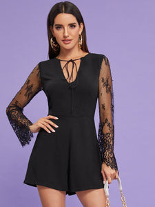 Tie Neck Contrast Lace Sleeve Romper