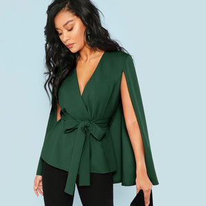 Surplice Neck Tie Waist Cape Coat