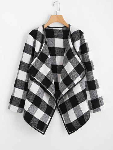 Gingham Plaid Waterfall Neck Coat