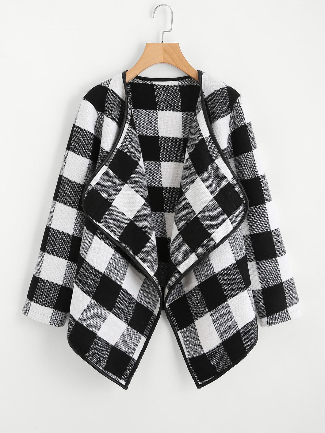 Gingham Plaid Waterfall Neck Coat