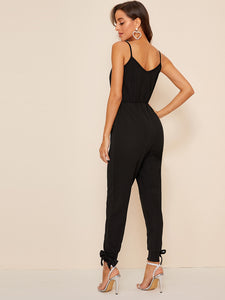 Solid Drawstring Waist Knot Hem Cami Jumpsuit