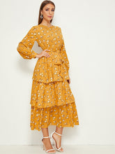 Load image into Gallery viewer, Ditsy Floral Print Layered Ruffle Belted Dress