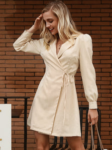 Simplee Grid Puff Sleeve Wrap Knotted Blazer Dress