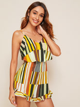 Load image into Gallery viewer, Rainbow Striped Ruffle Hem Cami Romper