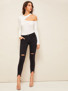 Asymmetric Cutout Neck Ribbed T-shirt