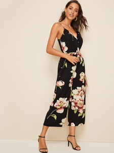 Surplice Neck Wide Leg Floral Print Slip Jumpsuit