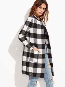 Checkered Open Front Collarless Coat