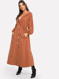 Button Up Hooded Drawstring Waist Coat