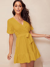 Load image into Gallery viewer, Surplice Wrap Belted Ruffle Hem Dress