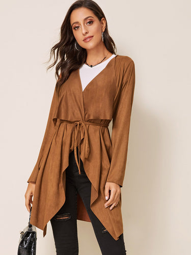 Draped Collar Tie Waist Suede Coat