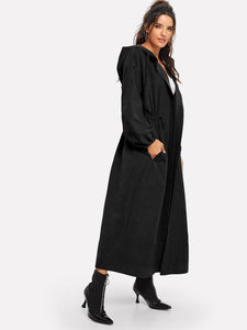 Button Up Hooded Drawstring Waist Coat