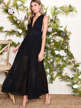 Load image into Gallery viewer, Backless Plunging Neck Buckle Waist Pleated Wide Leg Jumpsuit