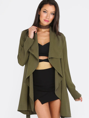 Army Green Lapel Tie Long Sleeve Outerwear