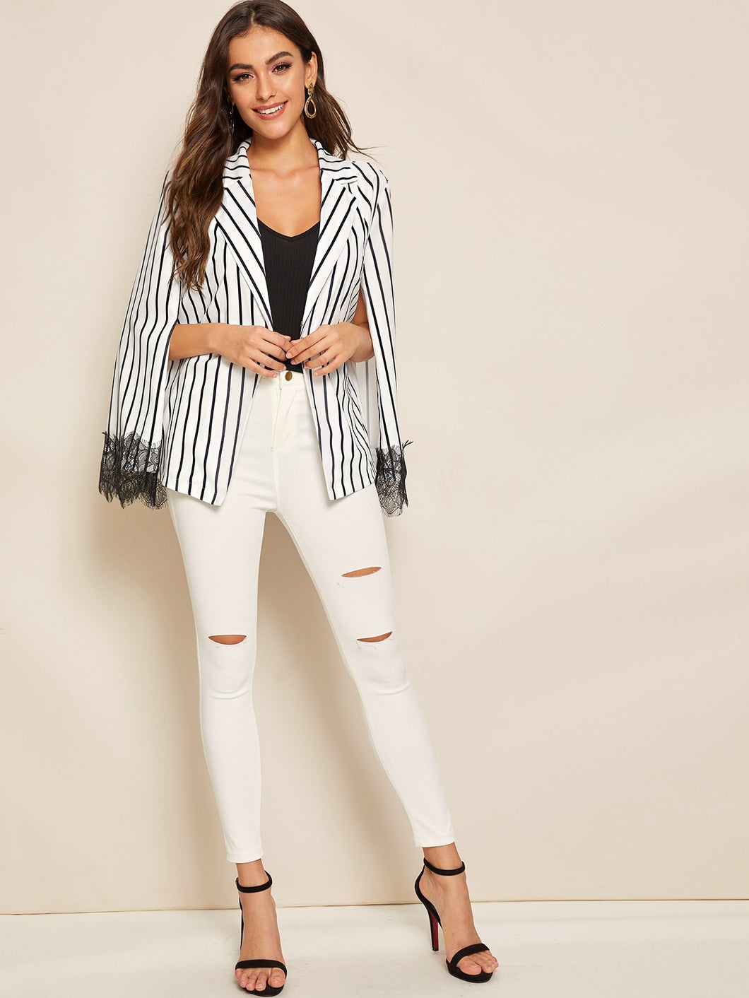 Notch Neck Eyelash Lace Trim Striped Cape Blazer