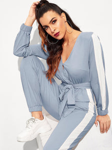 Surplice Neck Self Belted Colorblock Jumpsuit