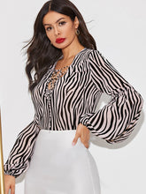 Load image into Gallery viewer, Zebra Striped Lace Up Bishop Sleeve Top