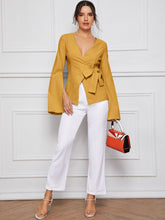 Load image into Gallery viewer, Bell Split Sleeve Surplice Neck Knot Blazer