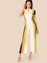 Load image into Gallery viewer, Mock Neck Zipper Fly Front Colorblock Wide Leg Jumpsuit