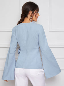 Bell Split Sleeve Surplice Neck Knot Blazer