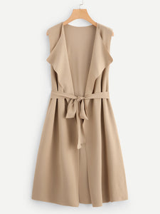 Bow Tie Waist Longline Belted Vest Coat