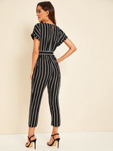 Load image into Gallery viewer, Surplice Neck Self Belted Striped Jumpsuit