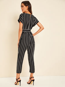 Surplice Neck Self Belted Striped Jumpsuit