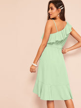 Load image into Gallery viewer, Asymmetric Shoulder Flounce Surplice Dress With Belt